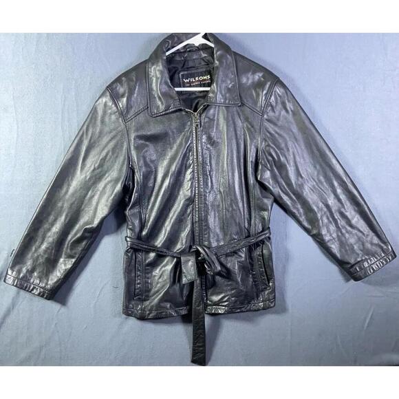 Wilsons Leather Jackets & Blazers - VTG Wilsons Leather Jacket Womens Large Waist Tie Black Zipper